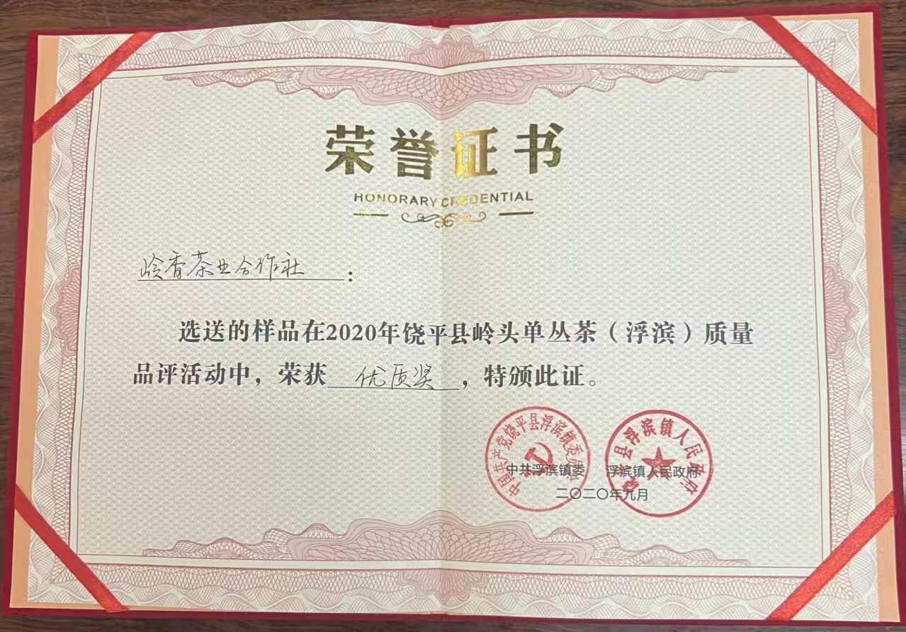 朝天顶荣获2020年饶平县岭头单丛茶(浮滨)质量品评活动优质奖